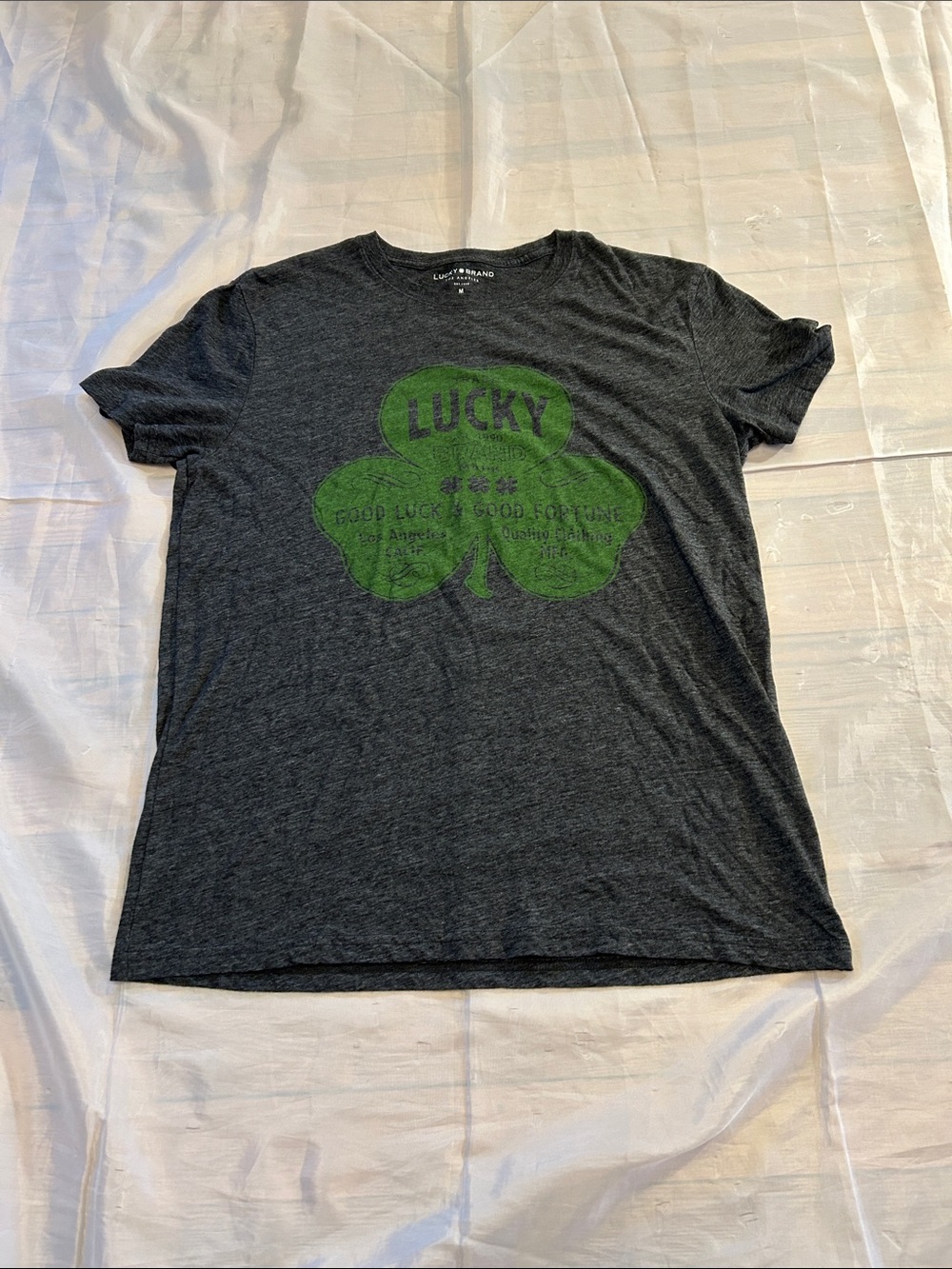 Lucky Brand Dark Gray Tee with Green Shamrock Graphic